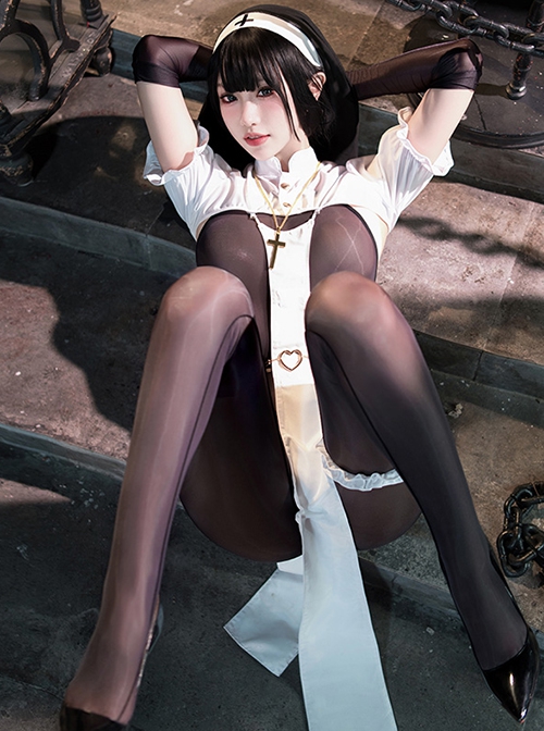 Dark Night Nun Hunting Love Halloween White Shoulder Top Covering Fabric Strips Black Backless Open Crotch Bodysuit Sexy Lingerie Set