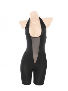 Night Castle Halloween Catwoman Deep V Halter Backless See-Through Lace Exposed Buttocks Zipper Open Crotch Black Bodysuit Sexy Lingerie Set
