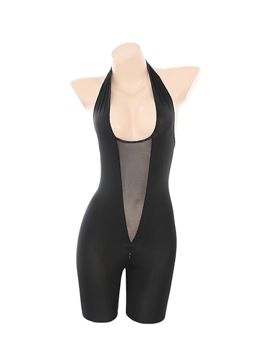 Night Castle Halloween Catwoman Deep V Halter Backless See-Through Lace Exposed Buttocks Zipper Open Crotch Black Bodysuit Sexy Lingerie Set