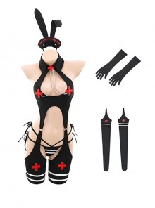 Halloween Bunny Nurse Black Hollow Design Chain Decoration Detachable Body Stockings Sexy Lingerie Set