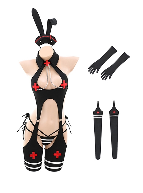 Halloween Bunny Nurse Black Hollow Design Chain Decoration Detachable Body Stockings Sexy Lingerie Set