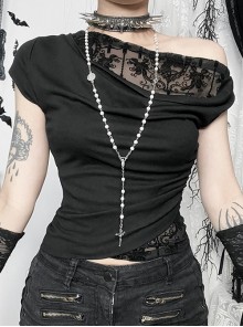 Slim Sexy Black Lace Splicing Off Shoulder Sway Collar Gothic Style Dark Short Sleeves Top