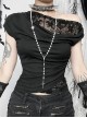 Slim Sexy Black Lace Splicing Off Shoulder Sway Collar Gothic Style Dark Short Sleeves Top
