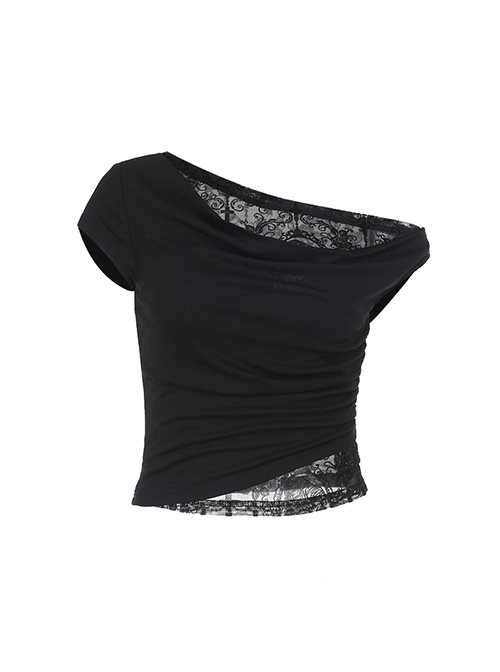Slim Sexy Black Lace Splicing Off Shoulder Sway Collar Gothic Style Dark Short Sleeves Top