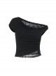 Slim Sexy Black Lace Splicing Off Shoulder Sway Collar Gothic Style Dark Short Sleeves Top