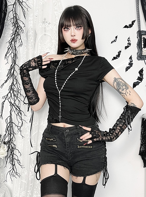 Slim Sexy Black Lace Splicing Off Shoulder Sway Collar Gothic Style Dark Short Sleeves Top