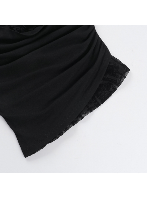 Slim Sexy Black Lace Splicing Off Shoulder Sway Collar Gothic Style Dark Short Sleeves Top