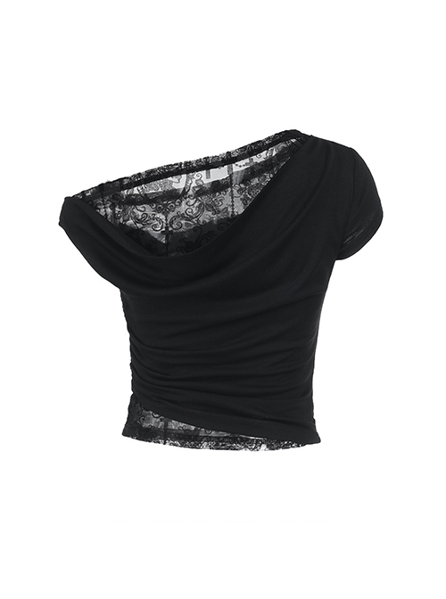 Slim Sexy Black Lace Splicing Off Shoulder Sway Collar Gothic Style Dark Short Sleeves Top