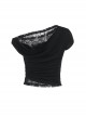 Slim Sexy Black Lace Splicing Off Shoulder Sway Collar Gothic Style Dark Short Sleeves Top