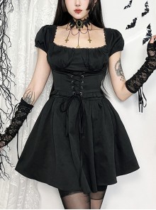 Elegant Retro Square Neck Palace Style Black Slim Backless Gothic Style Puff Short Sleeves Dress
