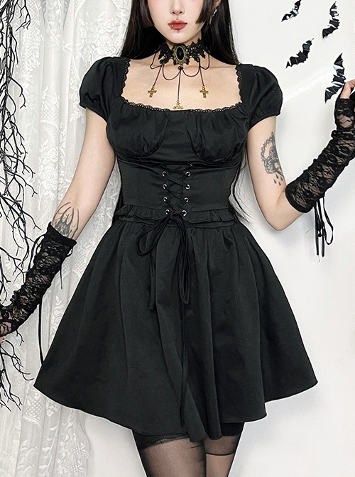 Elegant Retro Square Neck Palace Style Black Slim Backless Gothic Style Puff Short Sleeves Dress