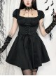 Elegant Retro Square Neck Palace Style Black Slim Backless Gothic Style Puff Short Sleeves Dress