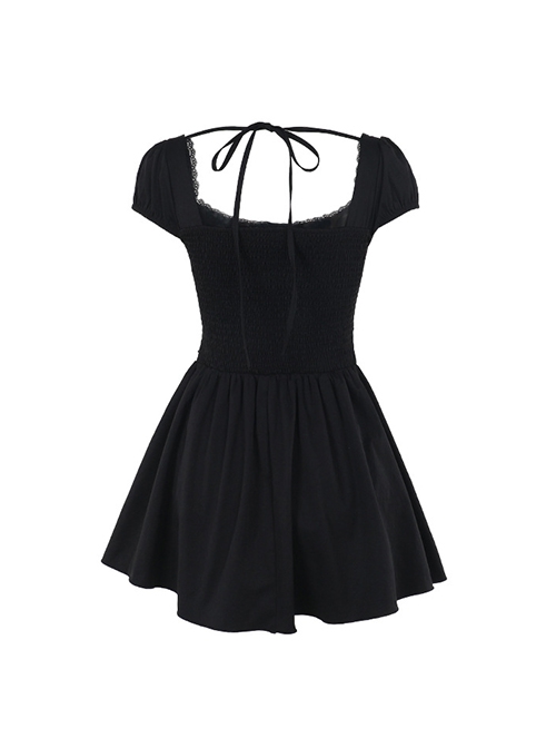 Elegant Retro Square Neck Palace Style Black Slim Backless Gothic Style Puff Short Sleeves Dress