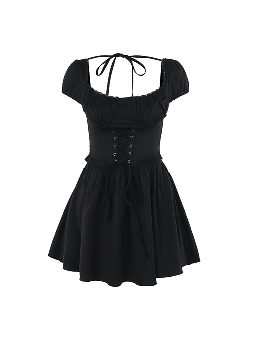 Elegant Retro Square Neck Palace Style Black Slim Backless Gothic Style Puff Short Sleeves Dress