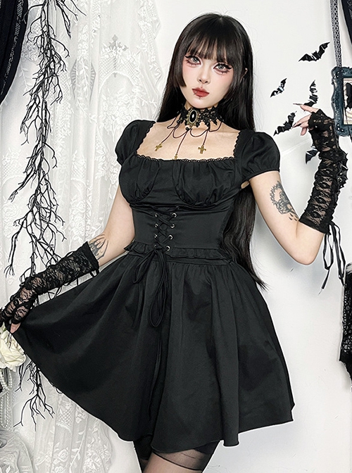 Elegant Retro Square Neck Palace Style Black Slim Backless Gothic Style Puff Short Sleeves Dress