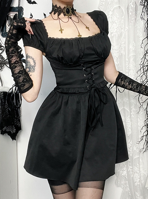 Elegant Retro Square Neck Palace Style Black Slim Backless Gothic Style Puff Short Sleeves Dress