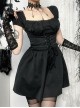 Elegant Retro Square Neck Palace Style Black Slim Backless Gothic Style Puff Short Sleeves Dress