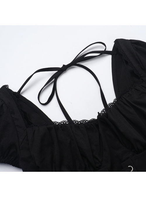 Elegant Retro Square Neck Palace Style Black Slim Backless Gothic Style Puff Short Sleeves Dress