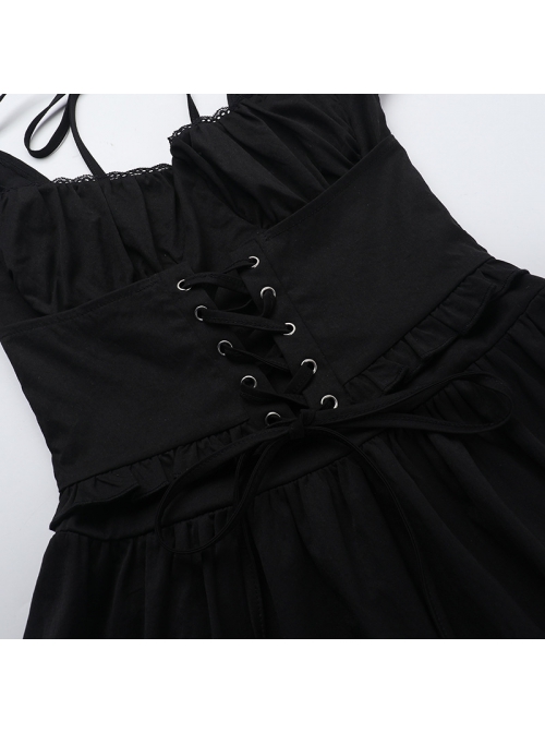 Elegant Retro Square Neck Palace Style Black Slim Backless Gothic Style Puff Short Sleeves Dress