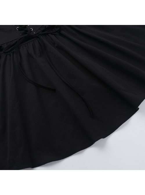 Elegant Retro Square Neck Palace Style Black Slim Backless Gothic Style Puff Short Sleeves Dress