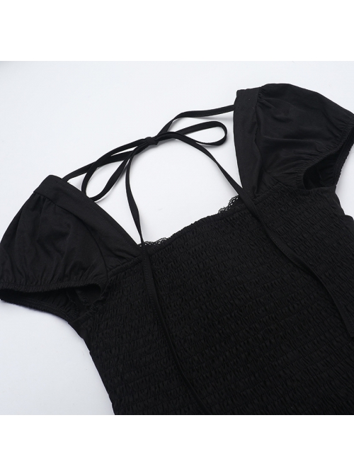 Elegant Retro Square Neck Palace Style Black Slim Backless Gothic Style Puff Short Sleeves Dress