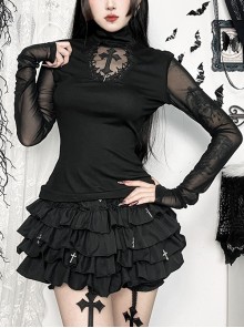 Sexy Slightly Transparent Black Mesh Splicing Cross Decoration Gothic Style Slim Long Sleeves Top