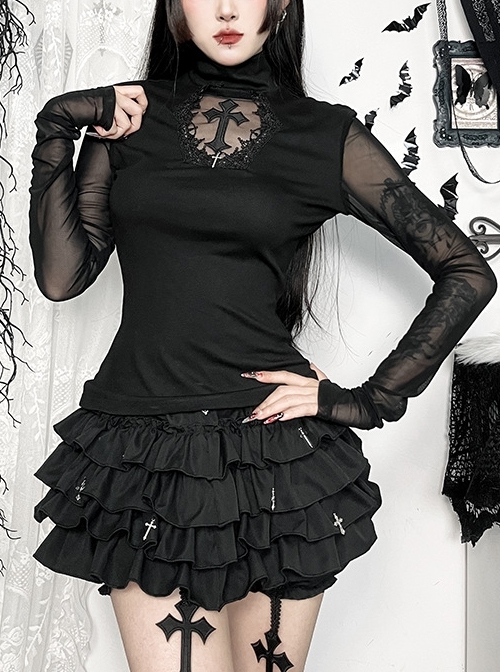 Sexy Slightly Transparent Black Mesh Splicing Cross Decoration Gothic Style Slim Long Sleeves Top