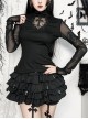 Sexy Slightly Transparent Black Mesh Splicing Cross Decoration Gothic Style Slim Long Sleeves Top