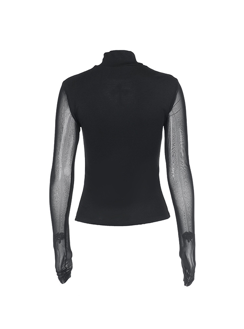 Sexy Slightly Transparent Black Mesh Splicing Cross Decoration Gothic Style Slim Long Sleeves Top