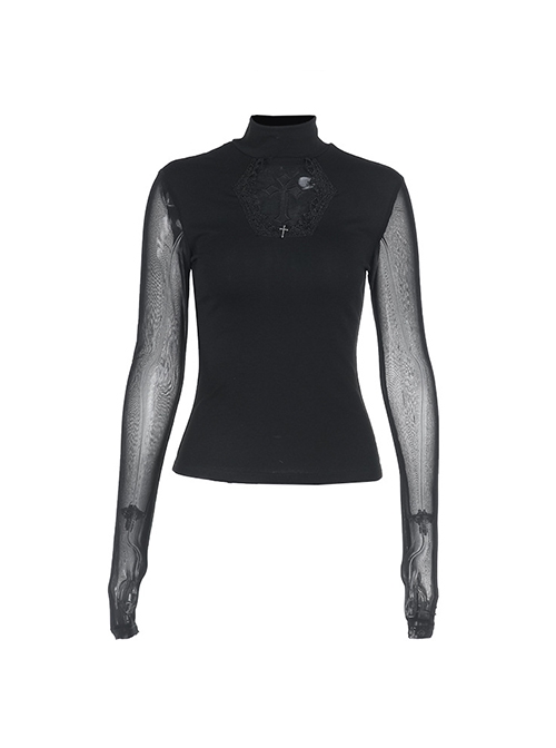 Sexy Slightly Transparent Black Mesh Splicing Cross Decoration Gothic Style Slim Long Sleeves Top