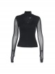 Sexy Slightly Transparent Black Mesh Splicing Cross Decoration Gothic Style Slim Long Sleeves Top