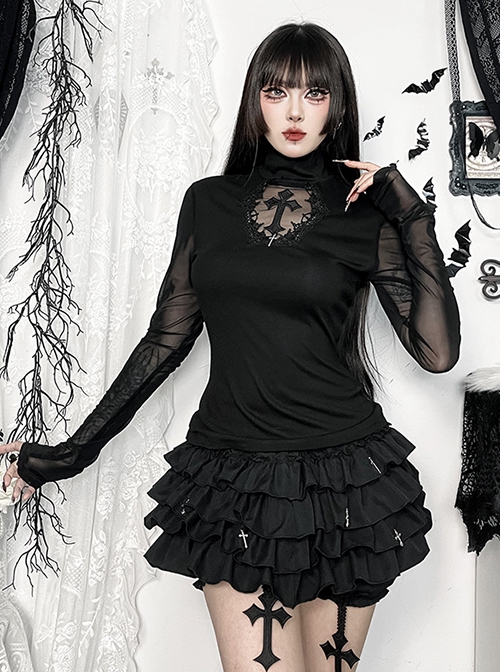 Sexy Slightly Transparent Black Mesh Splicing Cross Decoration Gothic Style Slim Long Sleeves Top