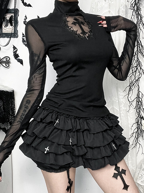 Sexy Slightly Transparent Black Mesh Splicing Cross Decoration Gothic Style Slim Long Sleeves Top
