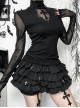 Sexy Slightly Transparent Black Mesh Splicing Cross Decoration Gothic Style Slim Long Sleeves Top