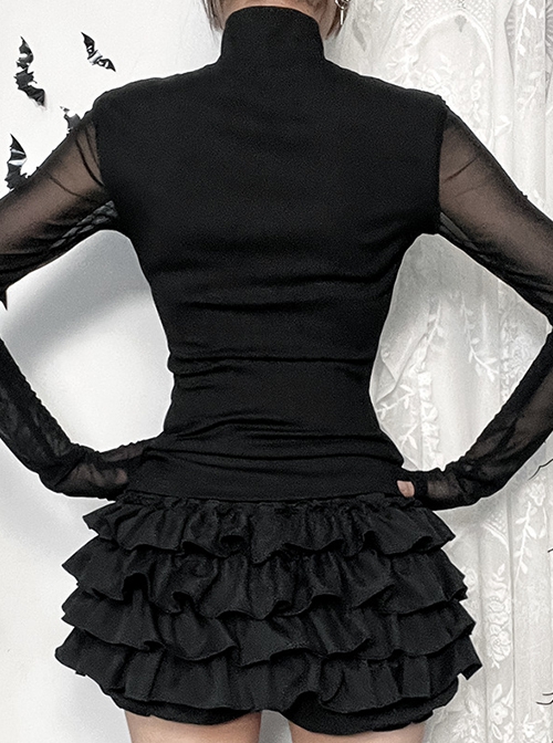 Sexy Slightly Transparent Black Mesh Splicing Cross Decoration Gothic Style Slim Long Sleeves Top