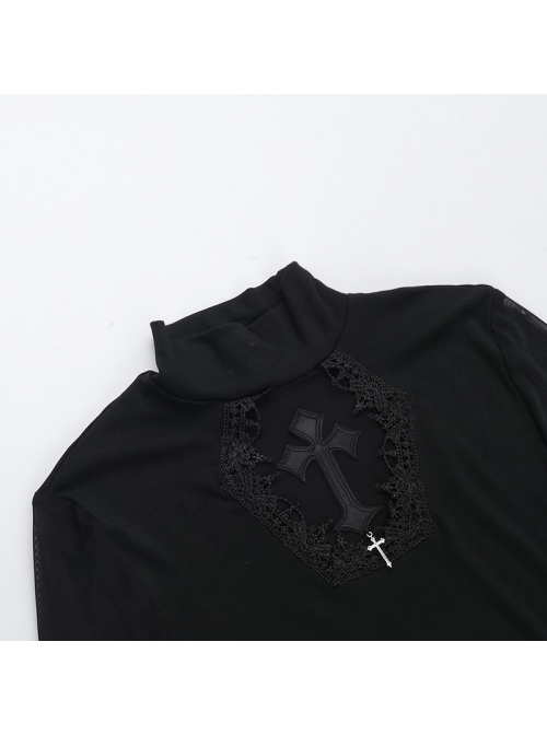 Sexy Slightly Transparent Black Mesh Splicing Cross Decoration Gothic Style Slim Long Sleeves Top