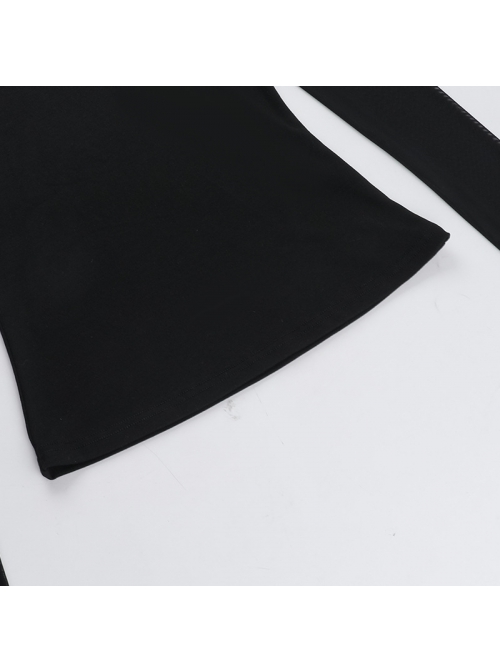 Sexy Slightly Transparent Black Mesh Splicing Cross Decoration Gothic Style Slim Long Sleeves Top