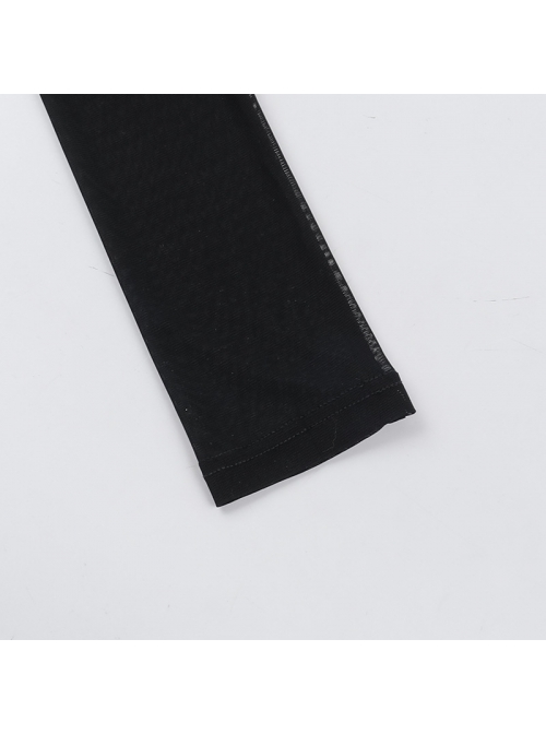 Sexy Slightly Transparent Black Mesh Splicing Cross Decoration Gothic Style Slim Long Sleeves Top