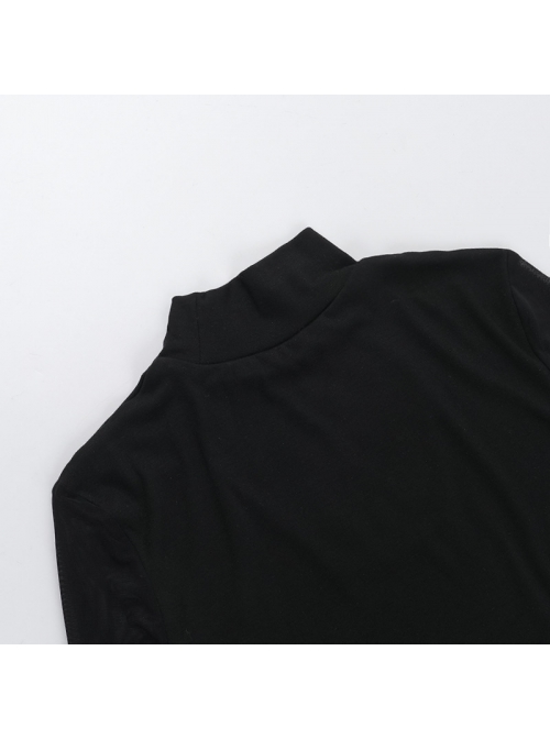 Sexy Slightly Transparent Black Mesh Splicing Cross Decoration Gothic Style Slim Long Sleeves Top