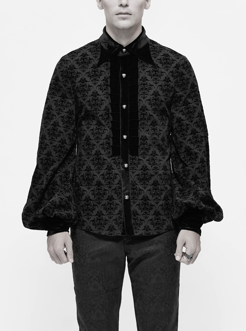 Flocking Floral Pattern Sharp Collar Chest Velvet Fold Metal Button Black Gothic Shirt
