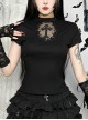 Dark Sexy Slim Black Lace Splicing Cross Pattern Decoration Gothic Style Versatile Short Sleeves Top