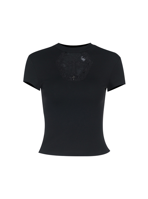 Dark Sexy Slim Black Lace Splicing Cross Pattern Decoration Gothic Style Versatile Short Sleeves Top