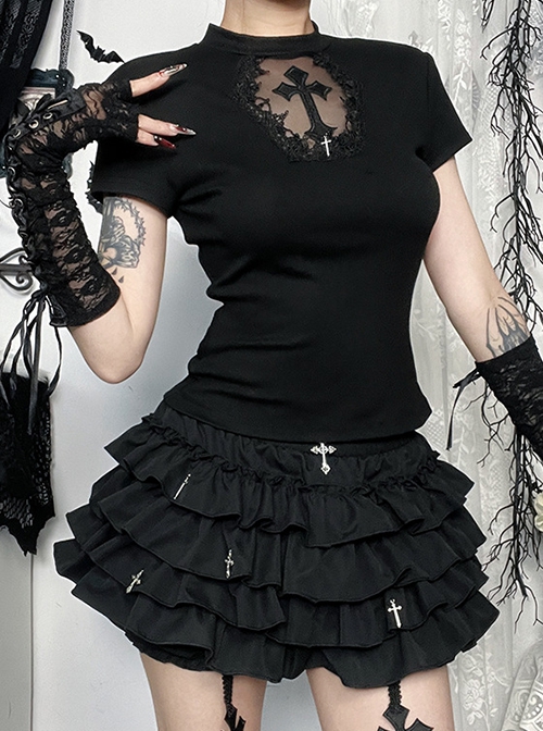 Dark Sexy Slim Black Lace Splicing Cross Pattern Decoration Gothic Style Versatile Short Sleeves Top