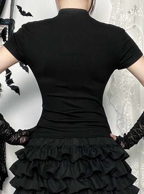 Dark Sexy Slim Black Lace Splicing Cross Pattern Decoration Gothic Style Versatile Short Sleeves Top