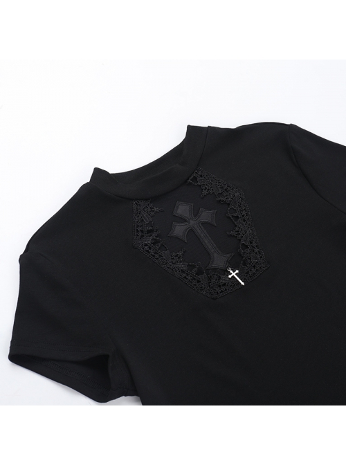 Dark Sexy Slim Black Lace Splicing Cross Pattern Decoration Gothic Style Versatile Short Sleeves Top