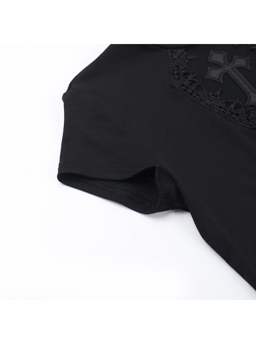 Dark Sexy Slim Black Lace Splicing Cross Pattern Decoration Gothic Style Versatile Short Sleeves Top