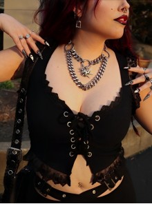 Sexy Slim Black Lace Splicing Gothic Style Waist Strap Versatile Vest