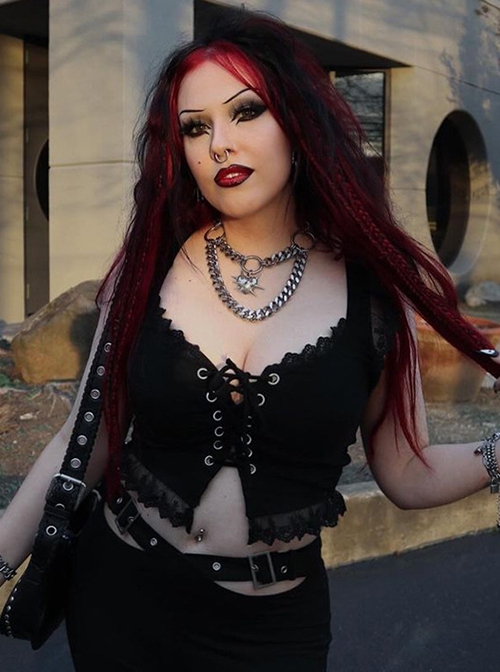 Sexy Slim Black Lace Splicing Gothic Style Waist Strap Versatile Vest