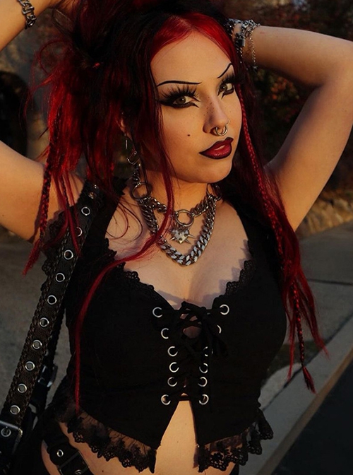 Sexy Slim Black Lace Splicing Gothic Style Waist Strap Versatile Vest