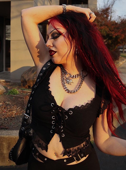 Sexy Slim Black Lace Splicing Gothic Style Waist Strap Versatile Vest